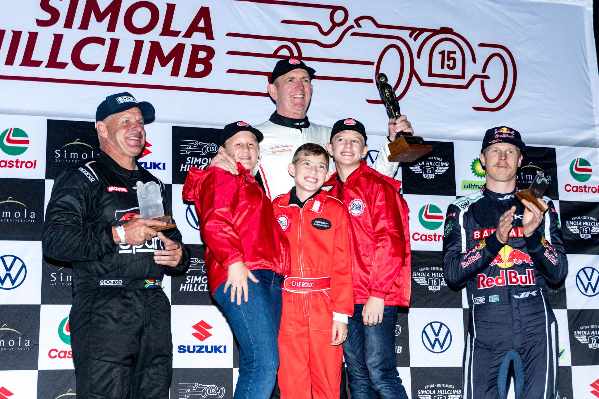 Modified Saloon Car category podium (L to R) 2nd Reggie Roets, 1st Pieter Zeelie, 3rd Johan Kristofferson, image by Chris Wall.jpg