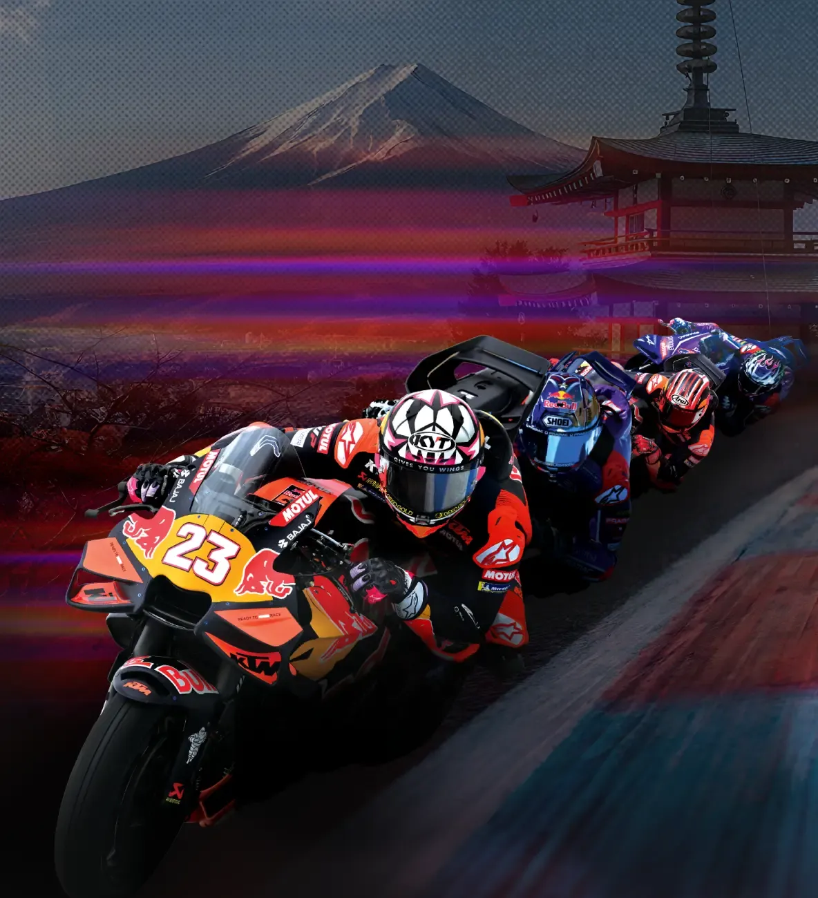 MotoGP riders leaning into a corner at speed