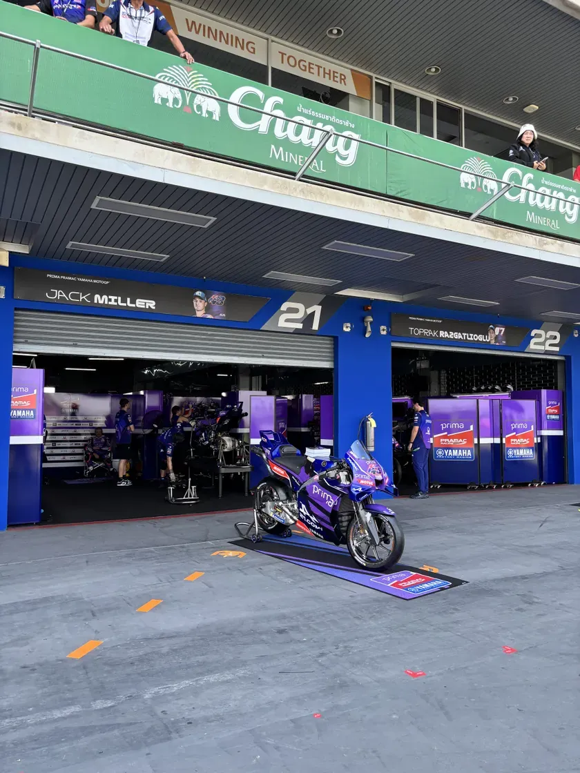 Team box with a MotoGP bike on stands